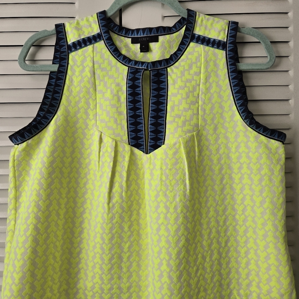 J. Crew Neon Yellow Arrow Print Keyhole Cutout Blue Trim Shift Dress Womens 4 - Picture 2 of 7